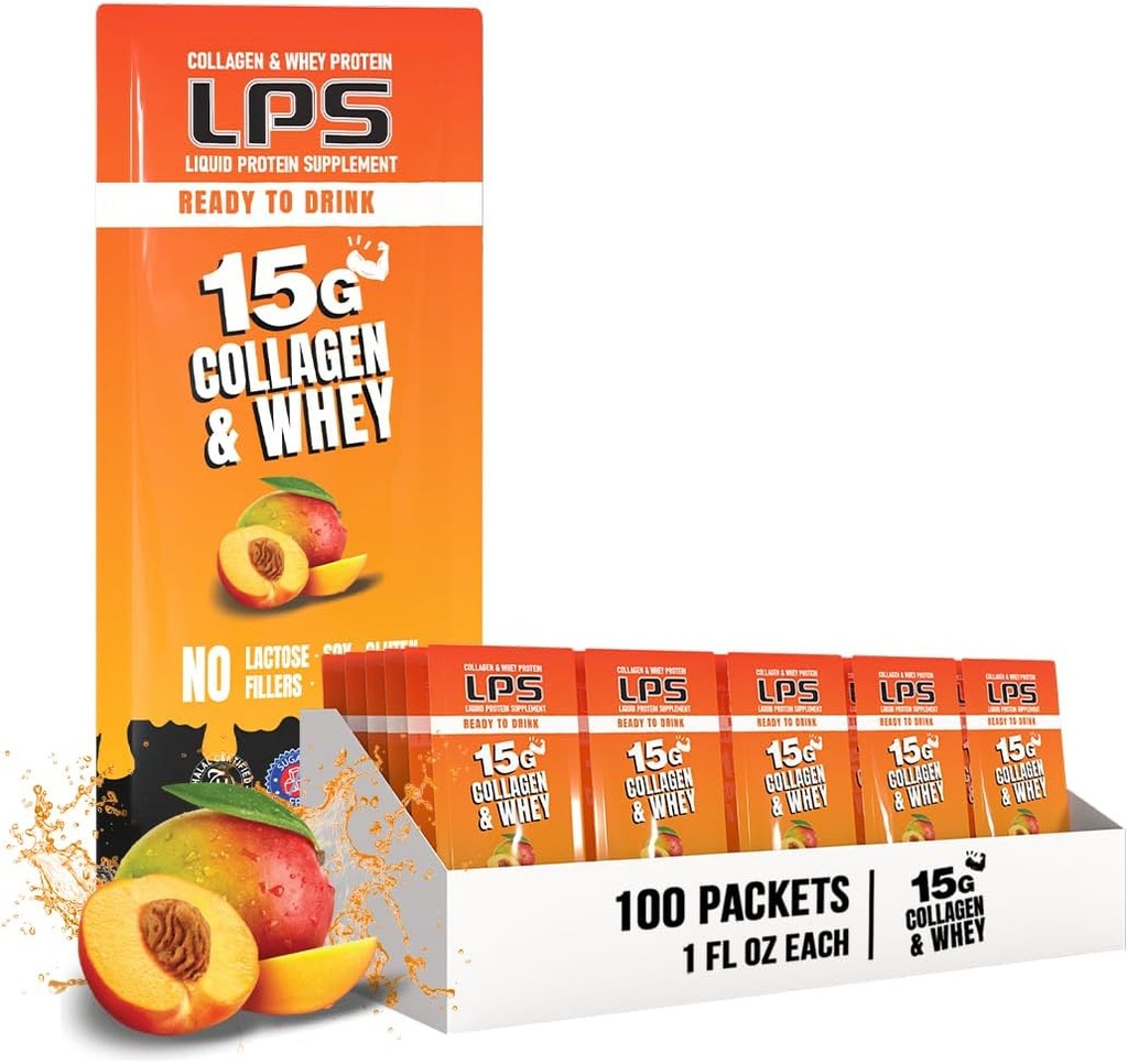 Nutritional Designs LPS Liquid Collagen & Whey Protein Supplement - non-GMO Drink, Sugar-free - edistää terveellistä ihoa ja hiuksia miehille ja naisille, persikka mango, Single Serve (100 Packets)