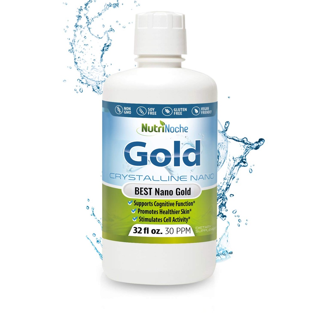 Kolloidinen Gold Liquid Organic Supplement by Nutrinoche - 100% Pure Nano Gold Mineral - Tukee Mental Clarity, Focus & Rentoutuminen - 32 oz Pullo - Vegaani, Gluteeniton - Kristalli - 30 ppm