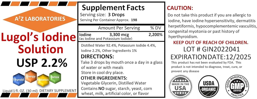 Generic A2Z Organic Lugolin jodi ja kalium Iodide 2,0% Solution, 1 Fl Oz - Liquid Supplement Drops Kilpirauhasten tuki, Detox, Metabolia, valmistettu Yhdysvalloissa