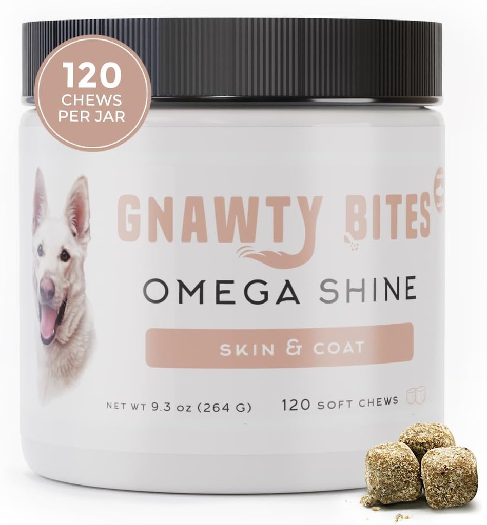 Gnawty Bites Omega Shine | Dog Skin and Coat Supplement for Healthy & Lustrous Coat with Omega 3-6-9 & Fish Oil | Torr, irriterad och Itchy Skin Relief for Dogs, 120 Soft Chews