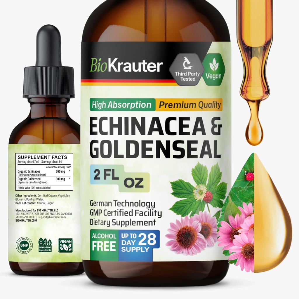 BIO KRAUTER Echinacea och Goldenseal Root Liquid Extract - Natural Immune Support - Echinacea Drops med Goldenseal - Vegan, alkohol och sockerfri tinktur - 2 Fl.Oz.