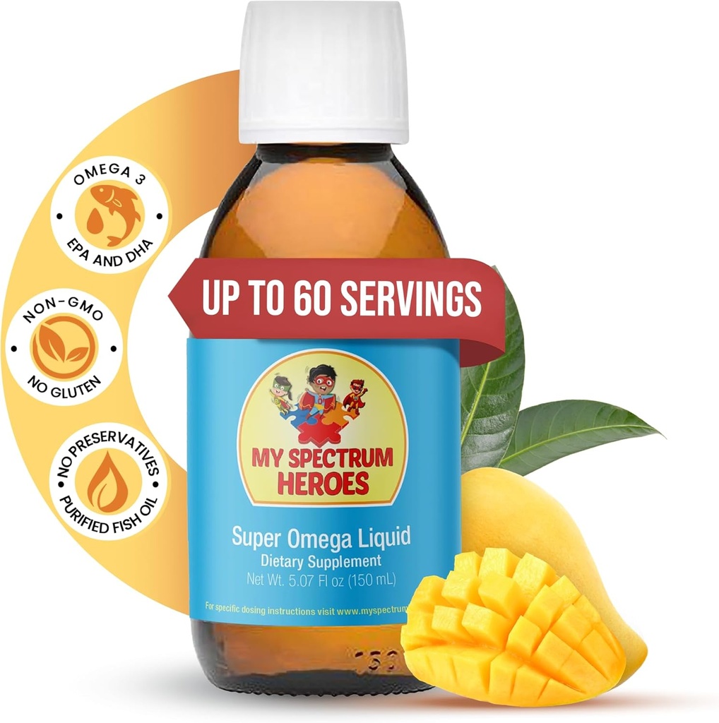 My Spectrum Heroes Fish Oil Supplement for Children - Omega 3 for Neural Assistance, Tulehdus-ja immuuniapu - EPA & DHA for Brain & Eye Health - lapset & aikuisten neste Supplement - 5.07oz (150ml)