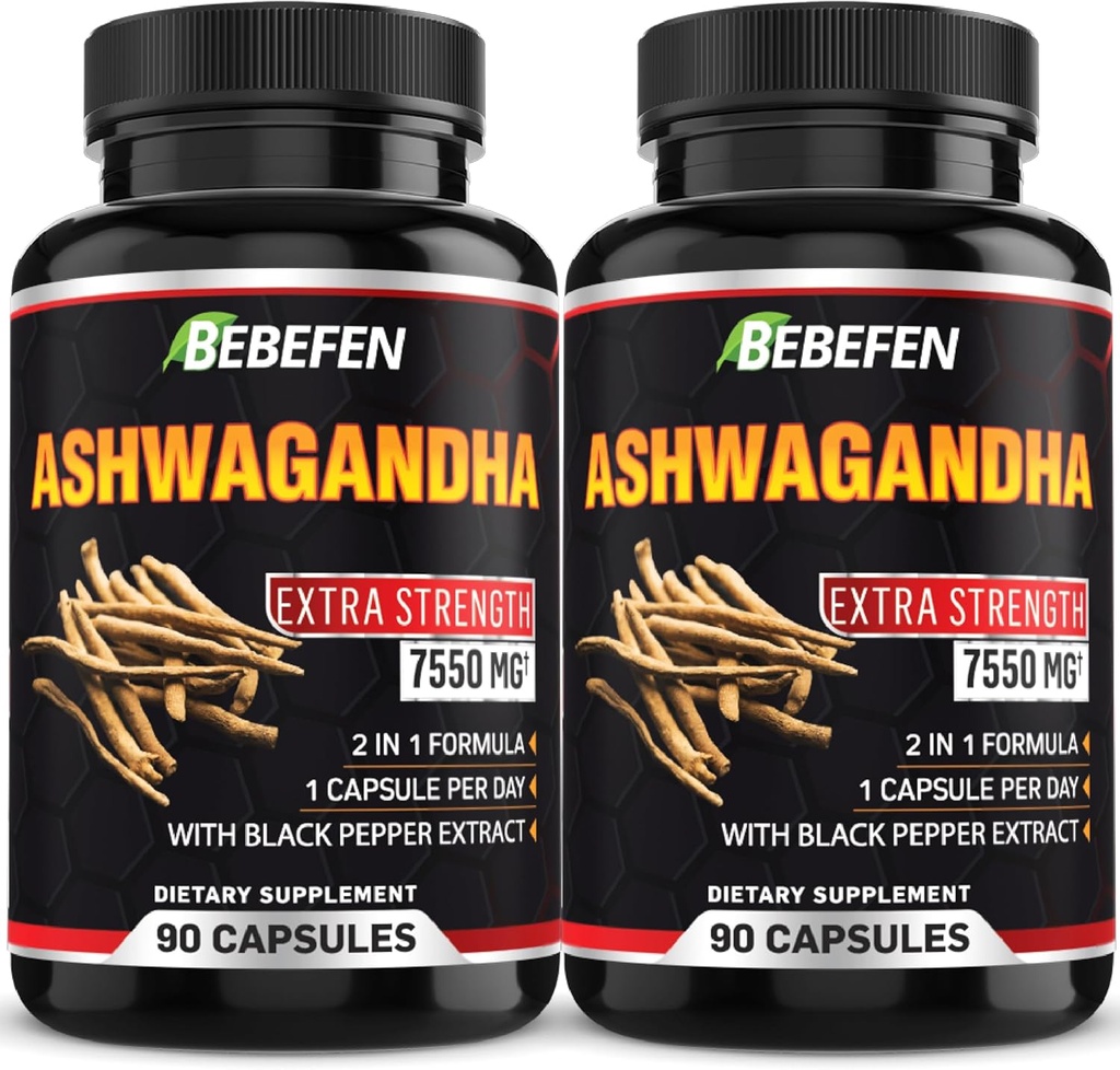 BEBEFEN Ashwagandha Capsules - 7550mg Formel piller med Black Pepper Extract - 90 kapslar Ashwagandha Supplement för energistöd - 3 månaders leverans (Pack of 2)