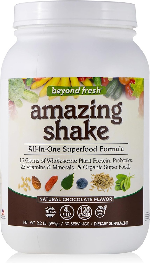 Byond Fresh Amazing Shake, Superfood Formula, Kasviproteiini perustuu, Matala Net Carbs, Wholefood Protein, Aterian korvaaminen, Natural Chocolate Flavor, 999 Grams, valkoinen