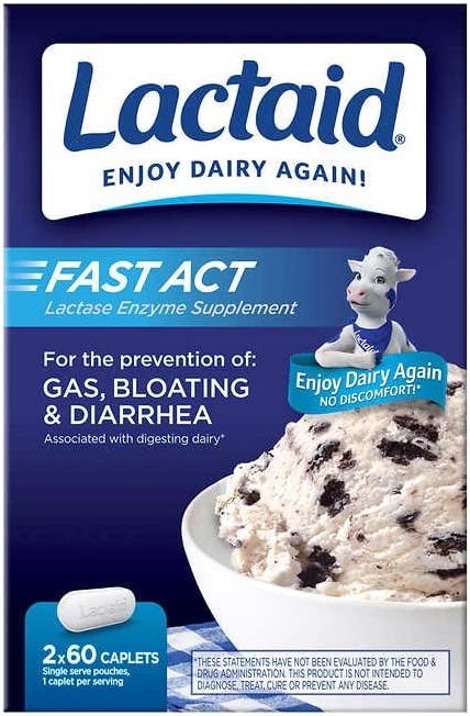 Lactaid Fast Act Lactose Intolerance Caplets, 120 greve förebyggande av gasuppblåst diarré största bulkstorlek