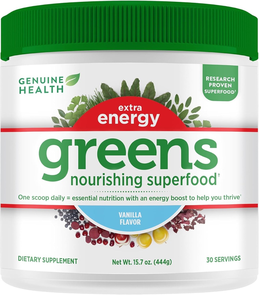 Aito terveys Greens + Extra Energy Superfood Powder, Tarjoaa välitöntä energiaa Boost & Tukee Gut Health, Vanilja Maustettu, 30 tarjoilua