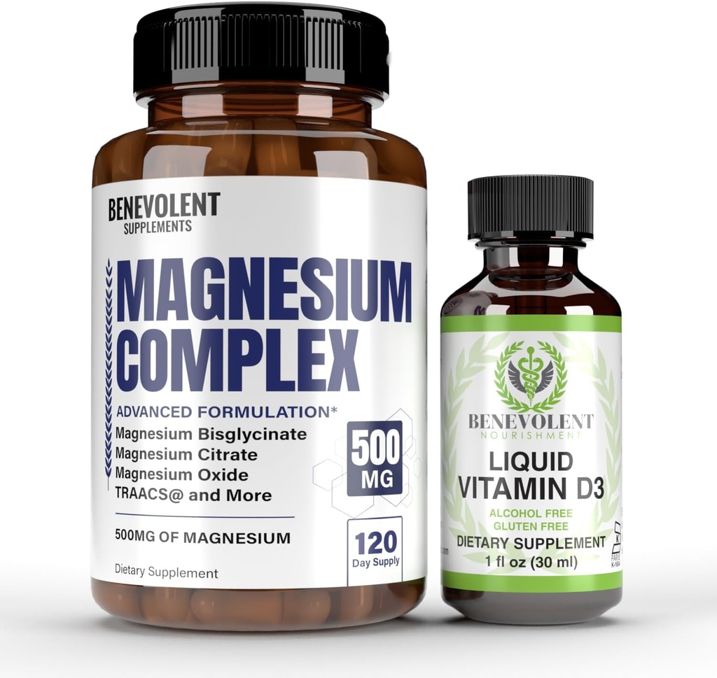 Magnesiumkompleksi, jossa 5 Best Forms & Liquid D3 5000 IU Bundle - 4 kuukauden toimitus 500 mg magnesium Glycinate, oksidi, taurate, kelaatti, magnesiumsitraatti - uni ja immuuni tuki