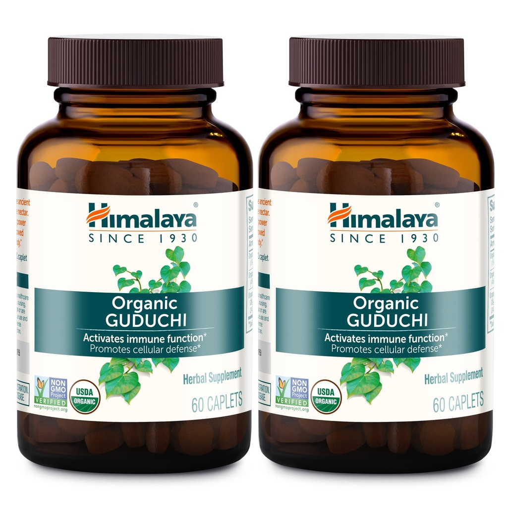 Himalaya Organic Guduchi aktiiviselle immuunituelle ja solusuojaukselle, 700 mg, 60 Caplets, 2 kuukauden toimitus, 2 pakkaus