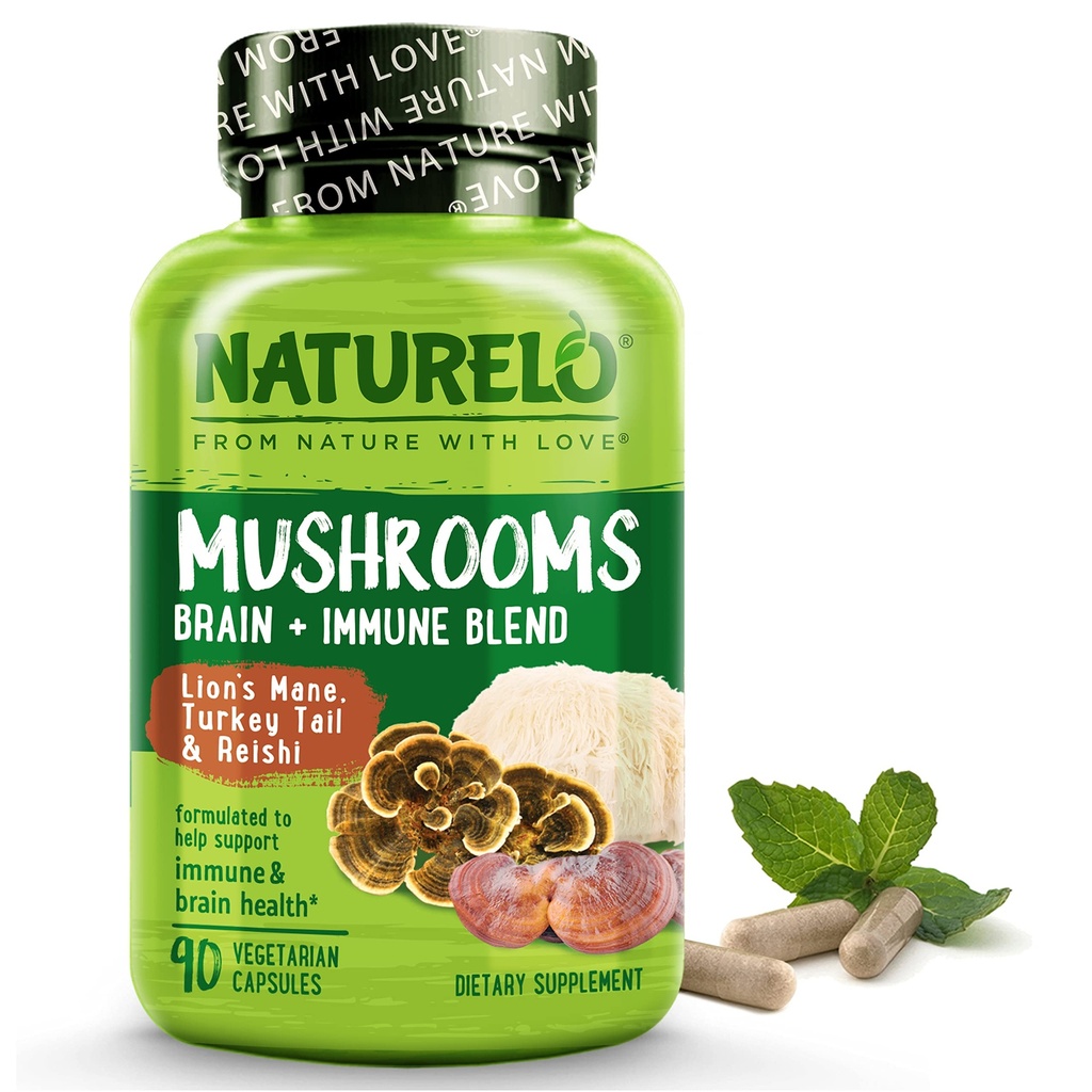 NATURELO Mushroom Supplement Brain & Immune Health Blend med Lion s Mane, Reishi, Turkiet Tail 90 Vegan Friendly Capsules