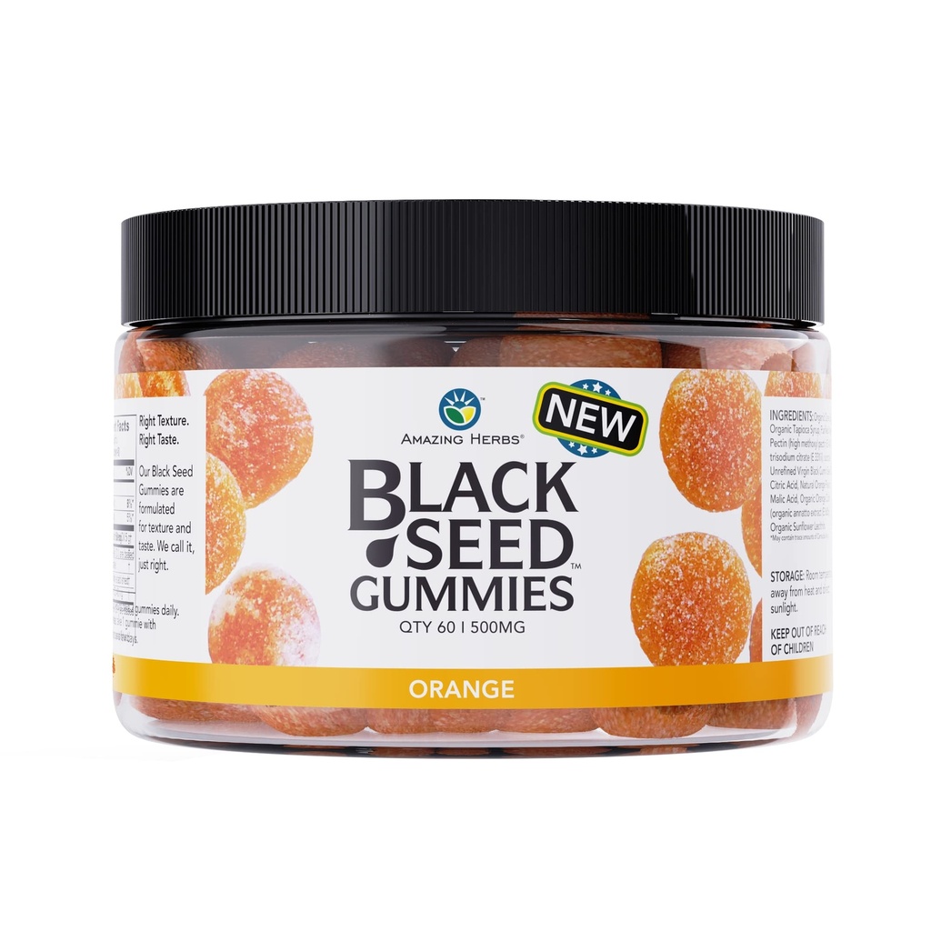 Fantastiska örter Organic Black Seed Oil Gummies - 500mg Per Servering, Cold Pressed Black Cumin Seed, Made with Nigella Sativa, hjälper till att öka immuniteten, stöder hälsosam matsmältning - Orange Flavor 60 Count