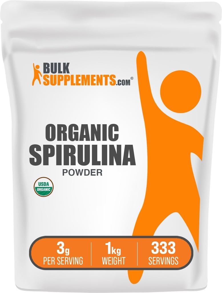 BulkSuplements.com Organic Spirulina Powder - Superfood, Green Spirulina Powder, Herbal Supplement - Vegan-Friendly, 3g per Serving, 1kg (2,2 lbs) (Pakkaus 1)