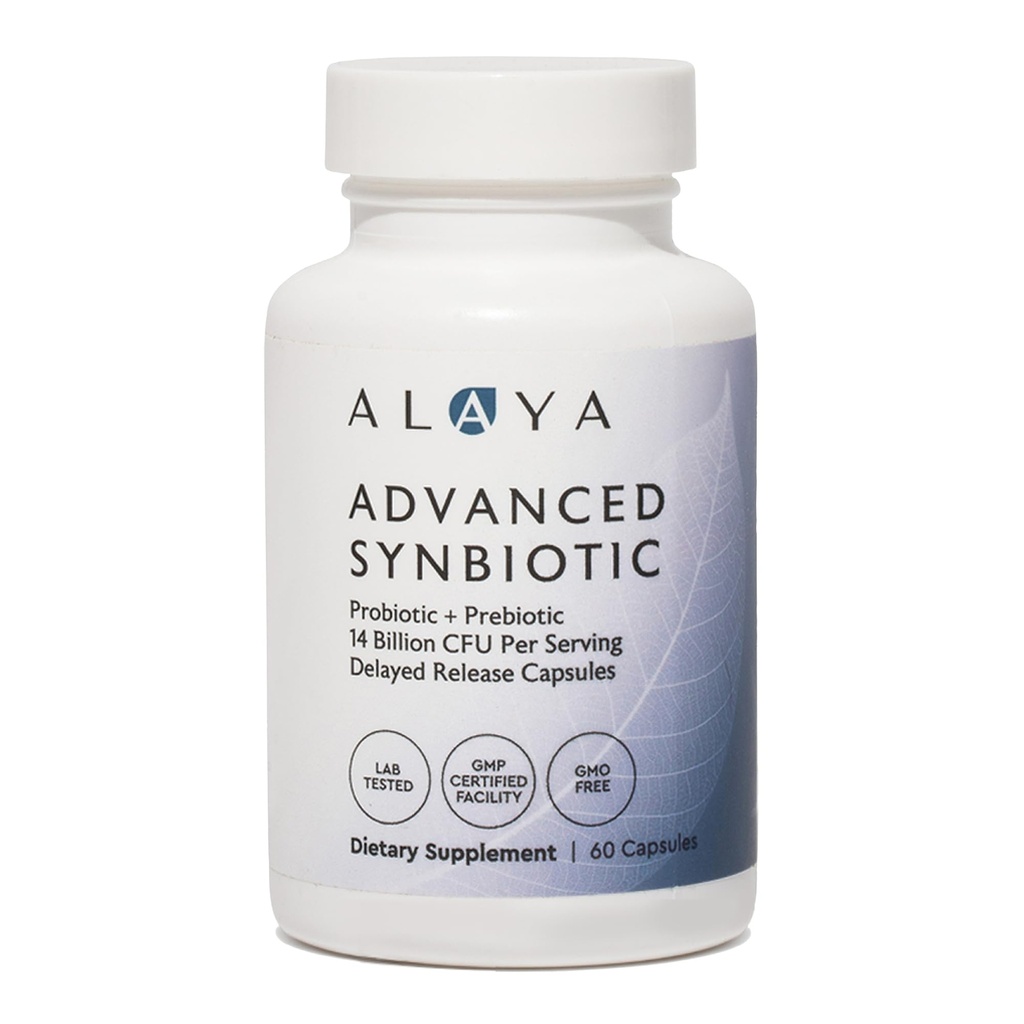 Alaya Naturals Advanced Synbiootti - Probiootti + Prebiootti - 14 miljardia PMY Viivästynyt julkaisu Probiootti täydentää prebiootit Sunfiber®, ja L-glutamiini Gut Lining Integrity - 60 kapselia