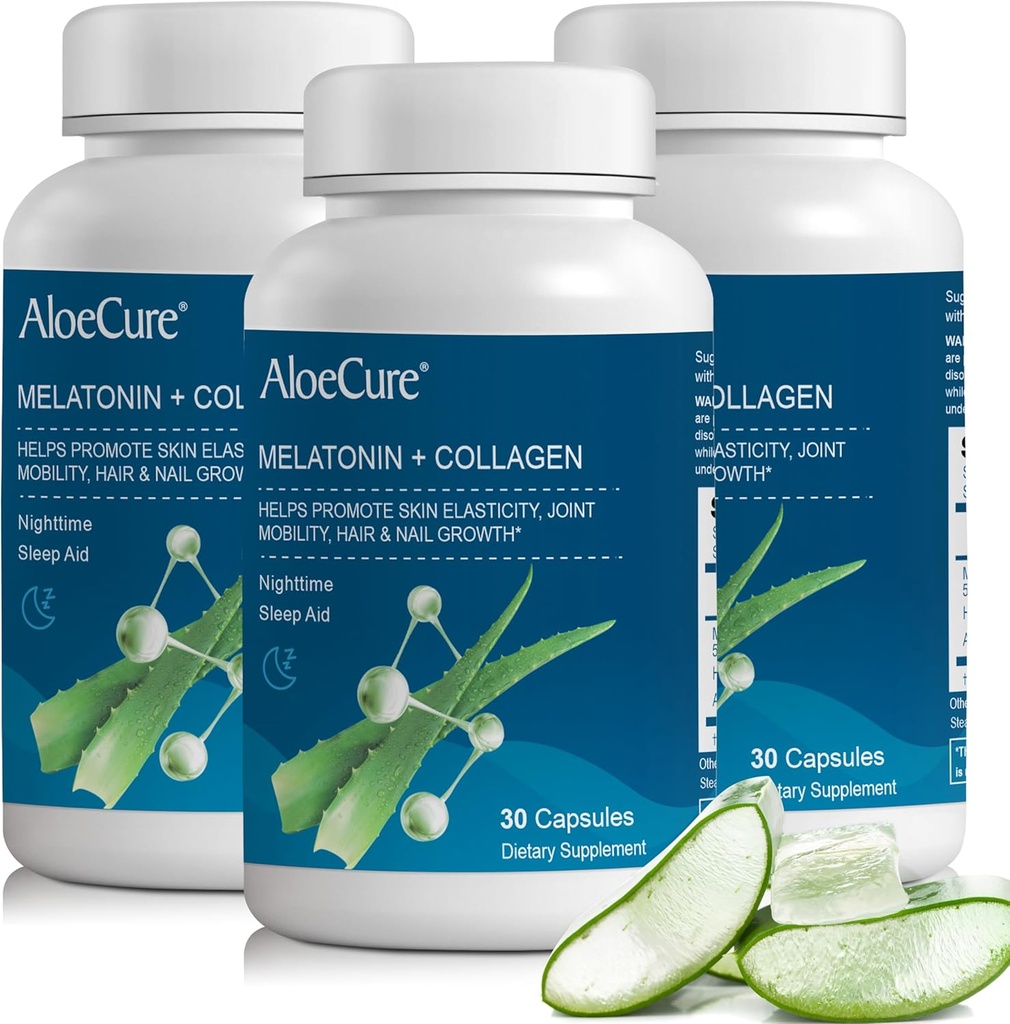 AloeCure Natural Melatoniini + Collagen kanssa Organic Aloe Vera - Natural Sleep Aid täydentää levottomat yöt - Collagen Complex nivelten vahvuus, ihon Elastisuus, hiusten ja kynsien kasvu, 30 kapselia
