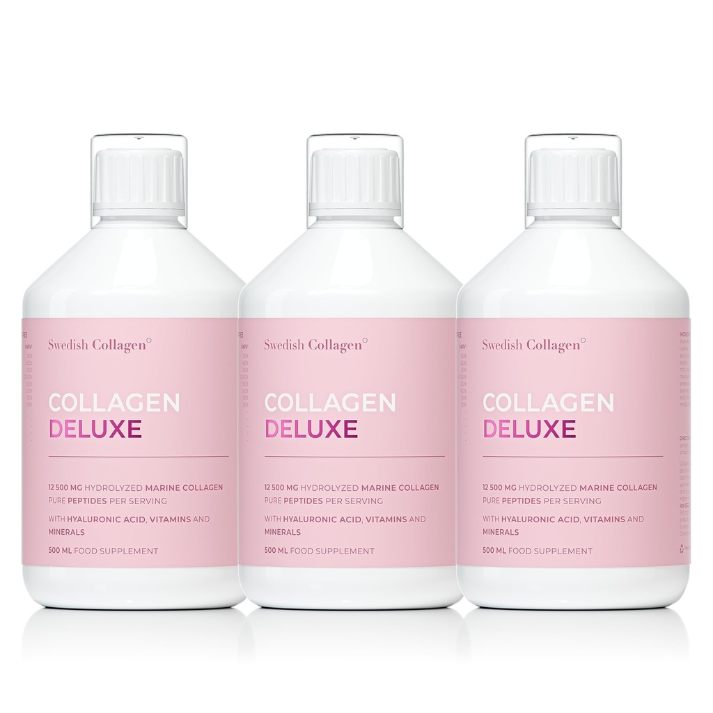 Collagen Deluxe 500 ml x 3 I 8 viikkoa Bundle I 12500 mg Marine Collagen (tyyppi I & III) I hyaluronihappo, biotiini, C-vitamiini, sokeriton - 8 viikkoa