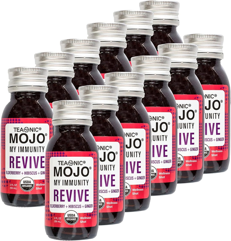 TEAONIC My Immuniteetti Mojo: Revive, Herbal Juice, Herbal Supplement Elderberry, Hibiscus, ja inkivääri, USDA-sertifioitu Organic, Vegan, Gluteeniton, 12 Packs, 2 Fl. Oz Each