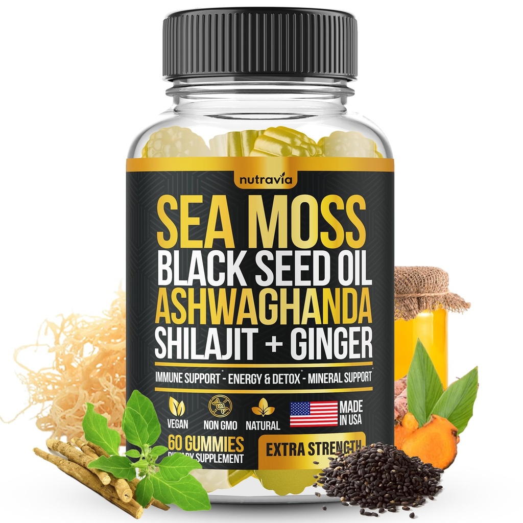 Sea Moss, Black Seed Oil, Ashwagandha, Inkivääri, Shilajit Gummies kanssa Elderberry, klorofylli, Turmeric rakkorapu Sea Moss Gumies Advanced Strength Formula - Kaikki 1 Bundle - USA Made (60 Gummies)