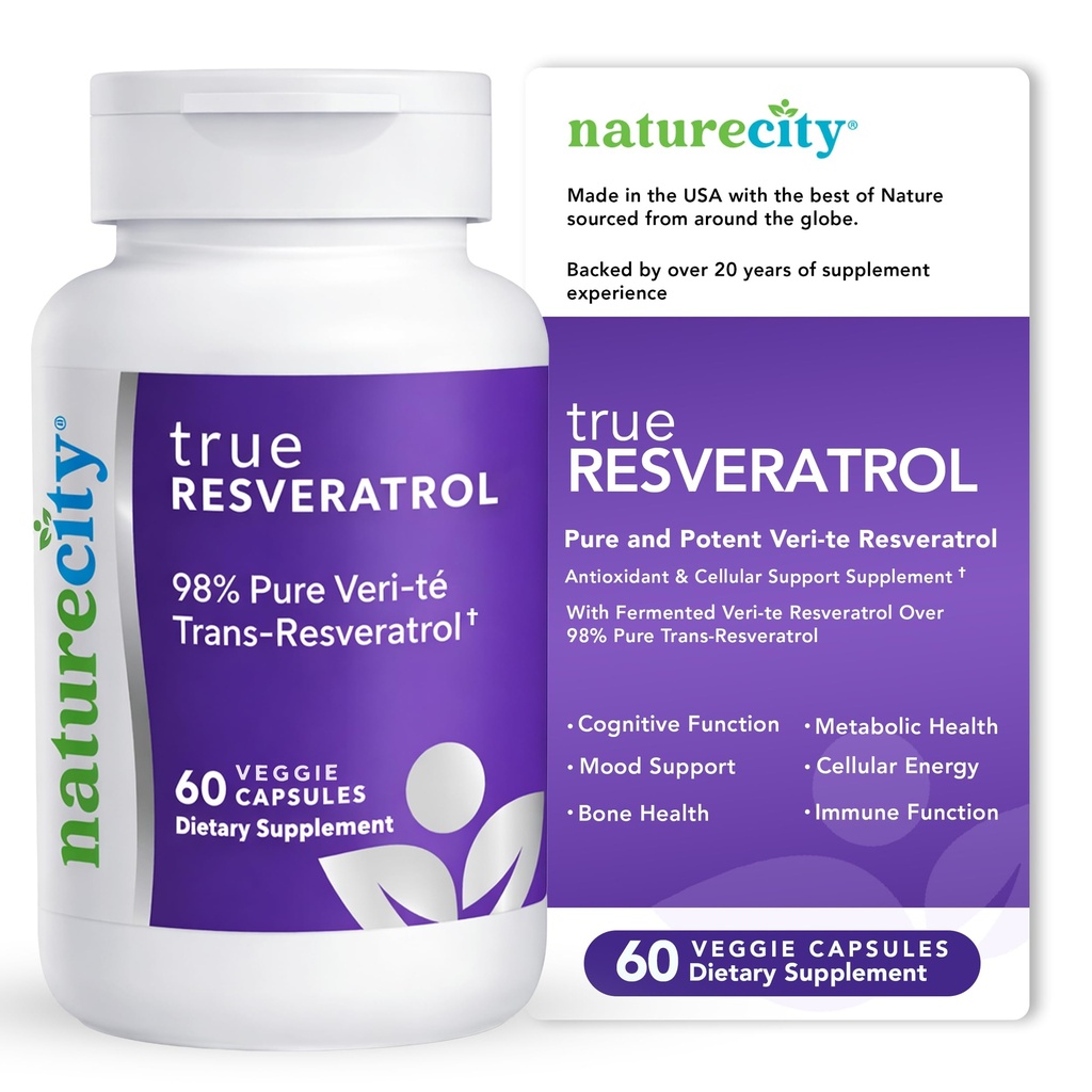 NatureCity TrueResveratrol ... Resveratrol lisäravinteet ja anti-aging tuki 75 mg Trans-Resveratrol (98% Pure Veri-te) Heart, Immuuni, Bone & Cognitive Health 60 kasviskapselit