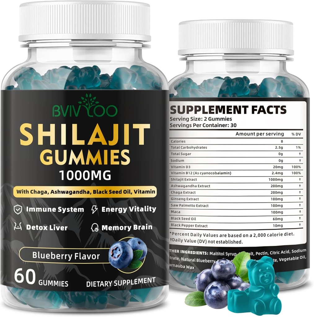 Shilajit Gummies for Miehet ja naiset - Sokeriton shilajit täydentää Rikasta 85+ Trace Minerals & Fulvic Acid, Tarjoaa energiaa, aivot, ja koskemattomuus tuki - 60 Gummies
