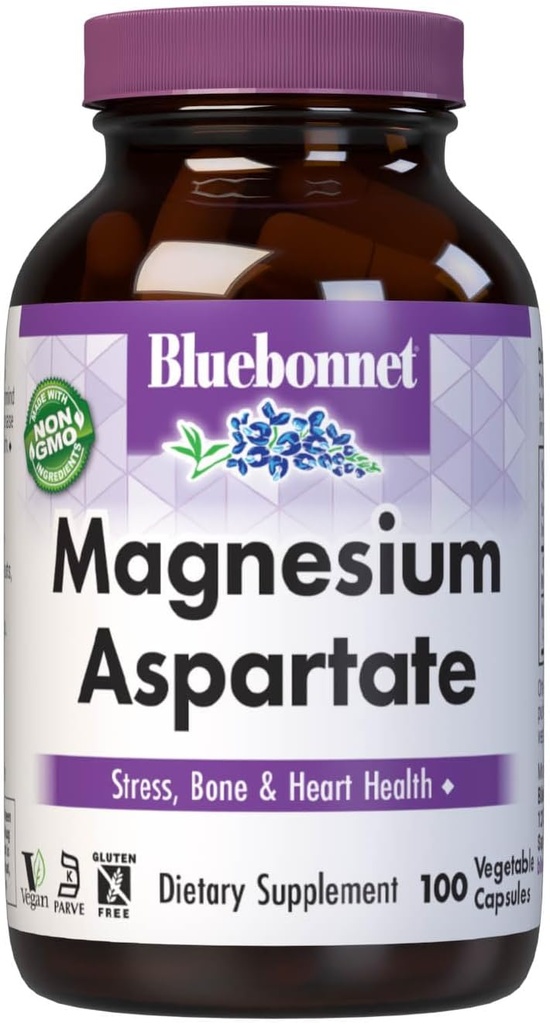 Bluebonnet Nutrition Magnesiumaspartaatti, stressinlievitys*, Bone Health*, Heart Health*, ei-muuntogeeniset organismit, Vegan, Kosher Certified, Gluteenittomat, soijattomat, maitotuotteeton, 100 kasviskapselia, 50 tarjoilua