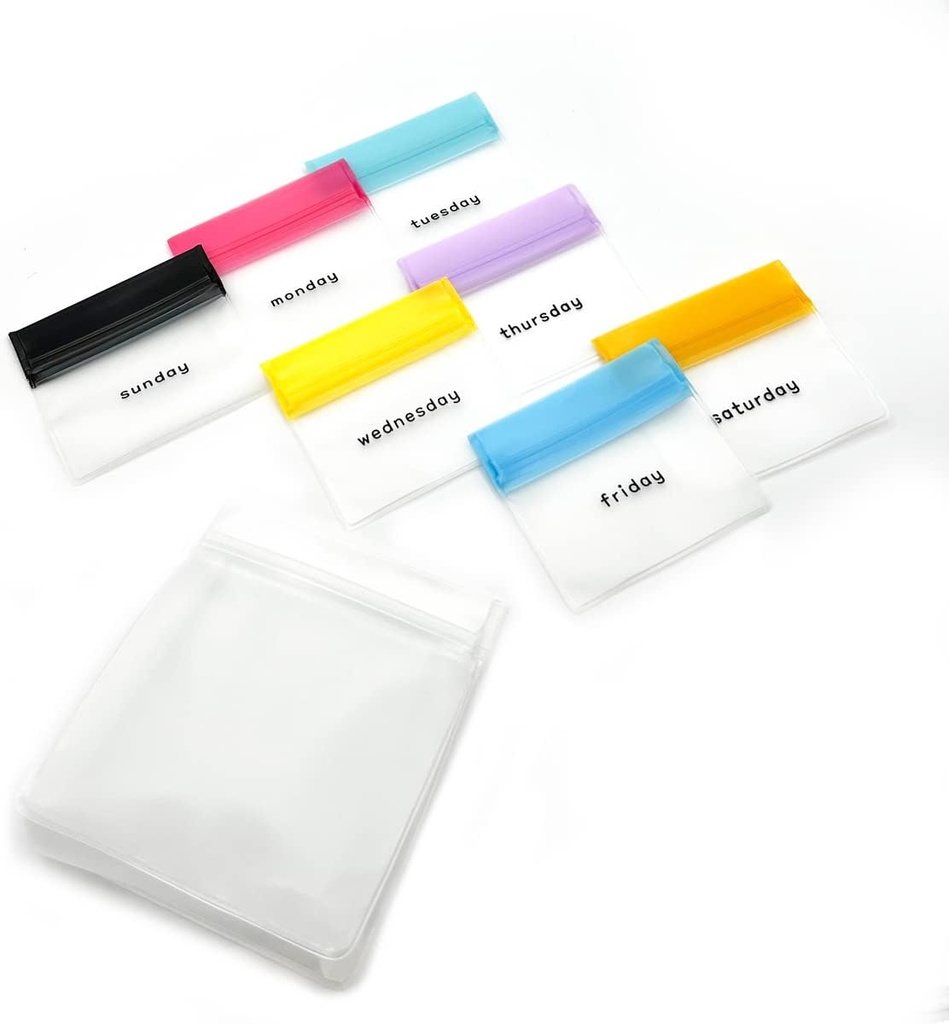 EZY ANNOSE Uudelleen käytössä 7 päivän pilleri pussisetti, kestävät monen taskun matkalaukut, sisältää viikon päivät labels w/väri helpon tunnistamisen, silikoni varastointi, selkeä, BPA vapaa, TSA hyväksytty
