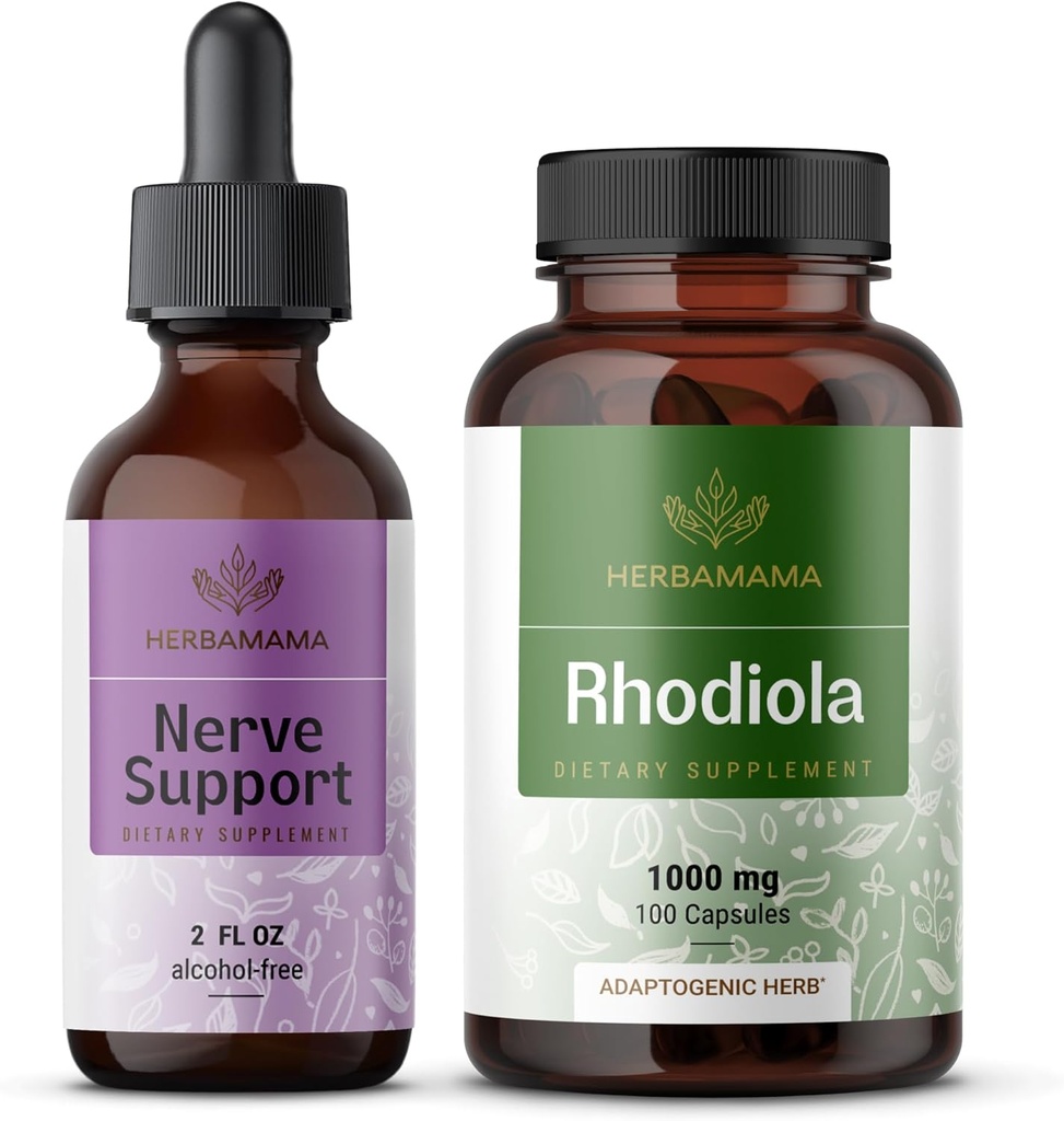 HERBAMAMA Nerve Support ja Rhodiola Kit - Bundle of Nerve Support Liquid Complex 2 fl oz & Rhodiola Rosea kapselit - Vegaani, ei-GMO, sokeria & alkoholiton, 2 pakkaus