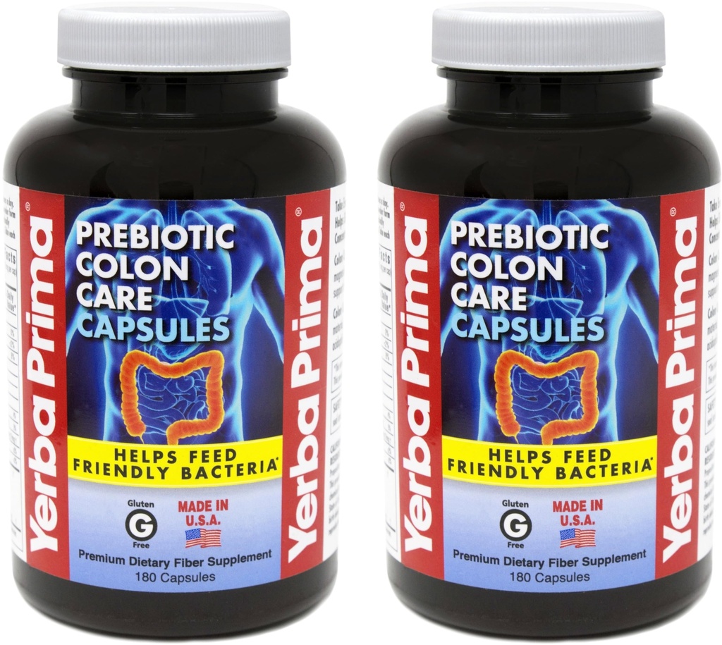 Yerba Prima Prebiotic Colon Care Capsules Dietary Fiber, 180 Count, (Pack of 2) - Fem former av Fiber Plus FOS Prebiotics Supplement - Löslig & Insoluble för Regularity & Digestive Support