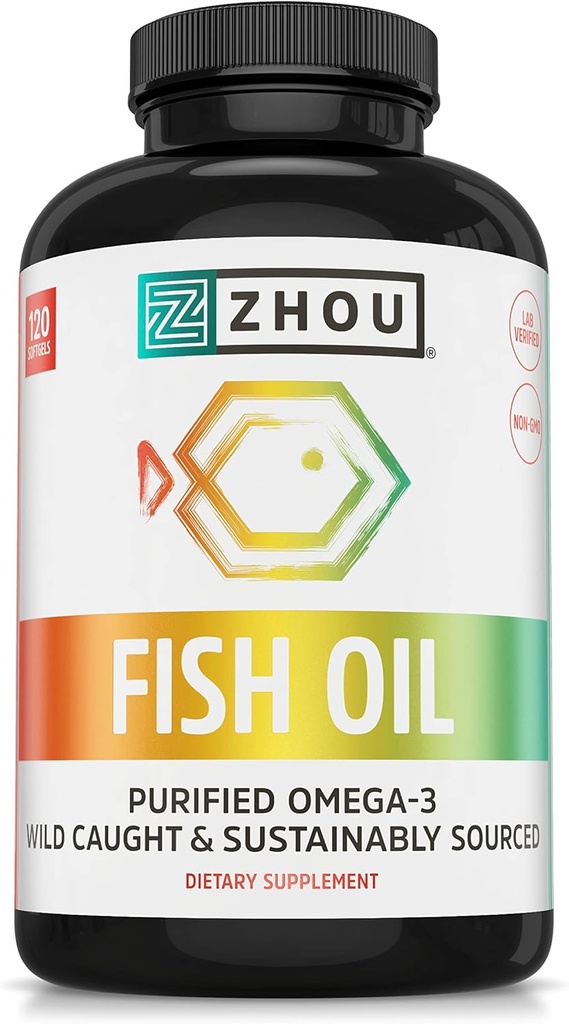 Zhou Fish Oil - Fish Oil Supplement for Women & Men, Omega 3 Rasvahappo, luonnollinen lähde DHA & EPA aikuisille, Burpless, Pure, Heart & Joint Health - 120 Softgels