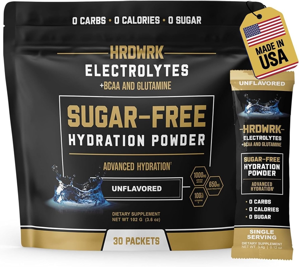 HRDWRK Electrolytes Powder Packets med Magnesium, Potassium Sodium, Keto Hydration Packets - BCAA Electrolyte Powder Packets med Glutamine, 30 Electrolytes Powder Packets Sugar Free (Unflavored)