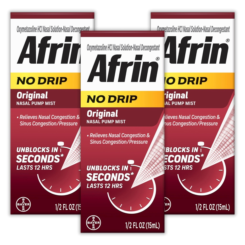 AFRIN No Drip Original Nasal Mist Triple Pack, Non-Drowsy, Fast-Acting Decongestant för Nasal Congestion och Sinus Pressure Relief, Adults and Children 6 and Older, .5 fl oz (Pack of 3)