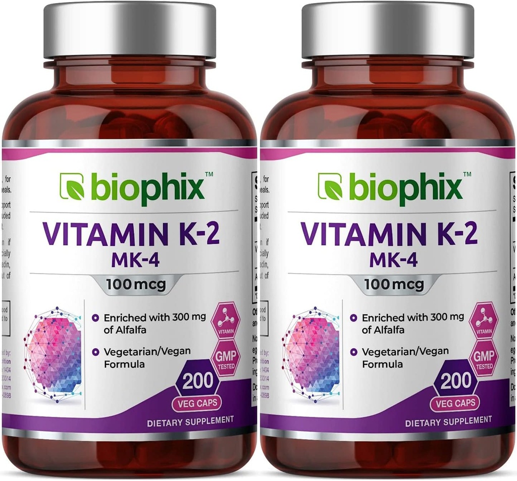 Biophix K2-vitamiini MK-4-100 mcg 200 Caps Alfalfa 2 Pack - tukee vahva luut immuuni terveys