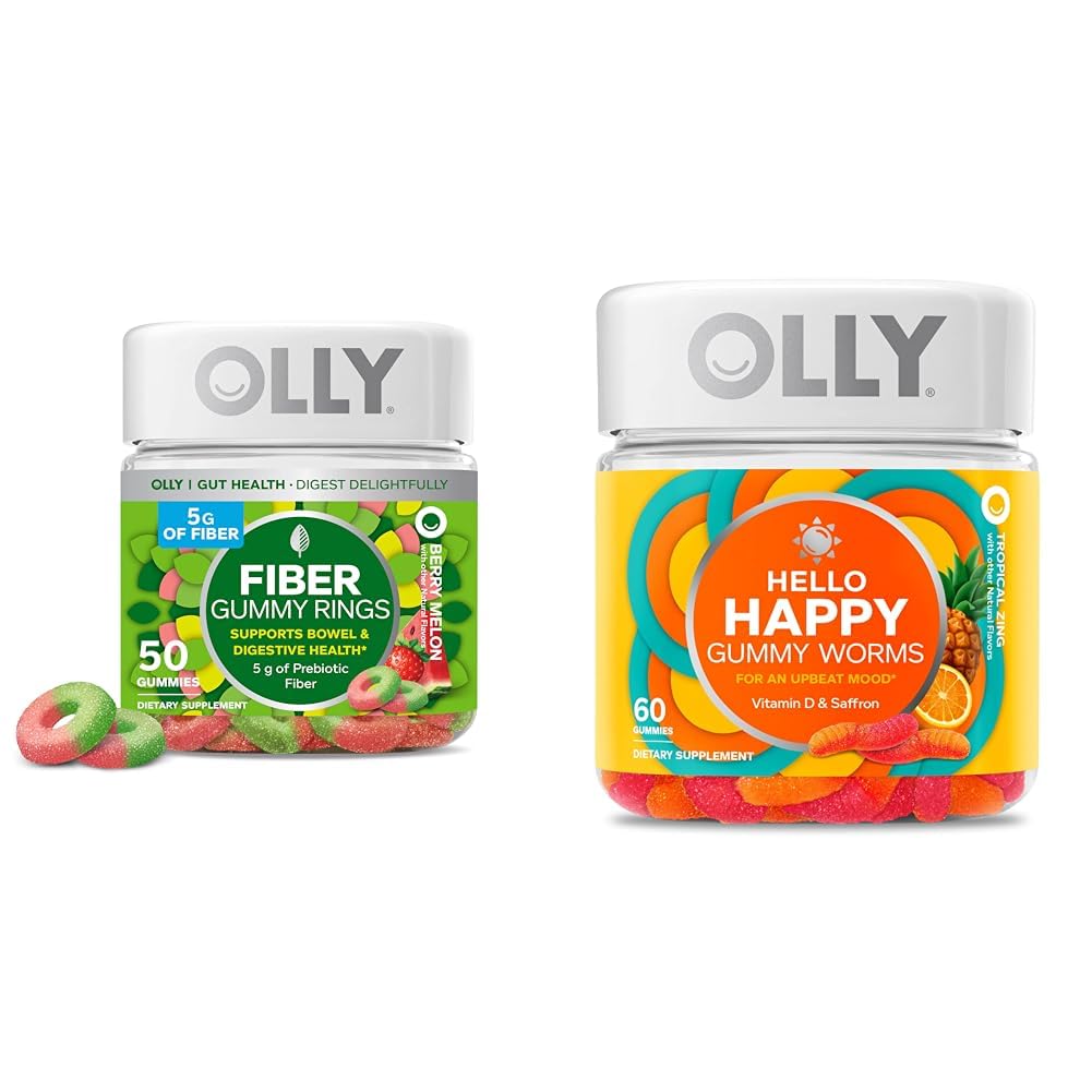 OLLY Fiber Gummy Rings, 5g Prebiotic Fiber, FOS (Fructo-oligosackarider), Digestive Support & Hello Happy Gummy Worms, Mood Balance Support, Vitamin D, Saffron, Adult Chewable Supplement