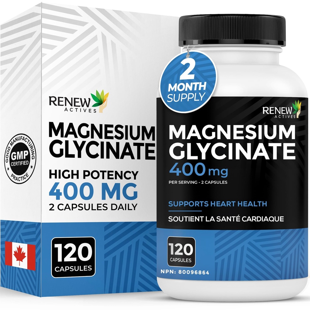 RENEW ACTIVE Magnesium Glycinate 400MG per 2 kapselia Pure Magnesium Bisglysinaatti koko kehon rentoutumista, unta, lihaksia, luut ja energia - Elektrolyyttitasapaino - Valmistettu Kanadassa -120 kapselia