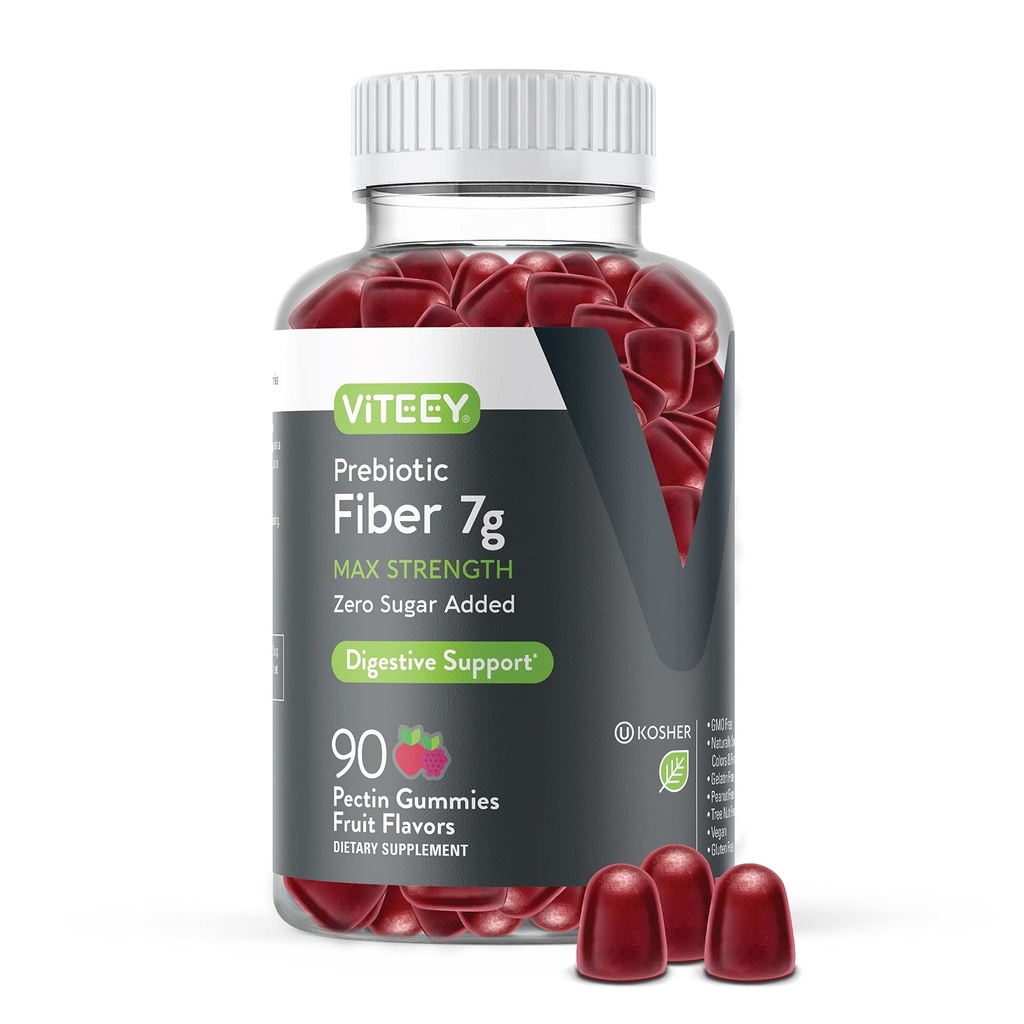 Viteey Prebiotic Fiber Gummies för vuxna, 7g - Gut Health & Digestive Soluble Fiber Supplement Gummies - Zero Sugar Added, Vegan, Gluten-Free - 90 Count