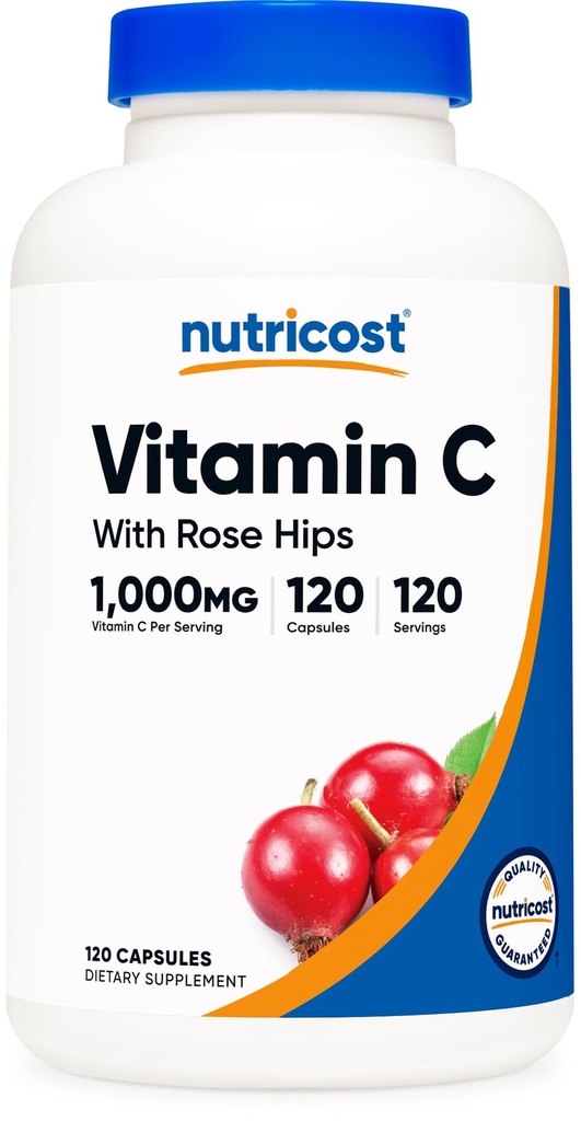 Nutricost C-vitamiinia Rose HIPS 1025mg, 120 kapselia - C-vitamiini 1000 mg, Rose HIPS 25mg, Premium, ei-GMO, Gluteeniton täydennysosa