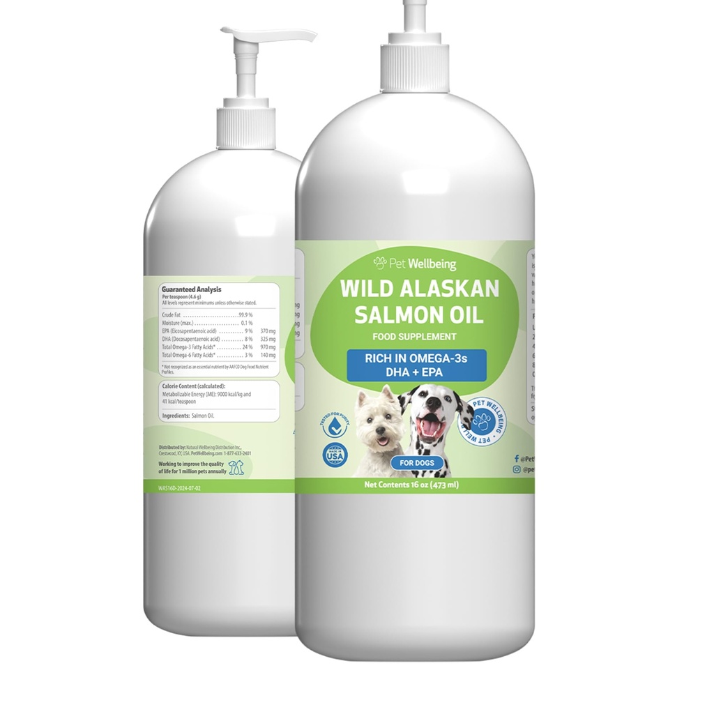 Pet Wellbeing Wild Alaskan laxolja för hundar - Wild-Caught, Cold-Processed, Daily Omega-3 fiskolja för hälsosam kost och hud, gemensam rörlighet och styrka - EPA, DHA - 16 fl oz (473 ml)