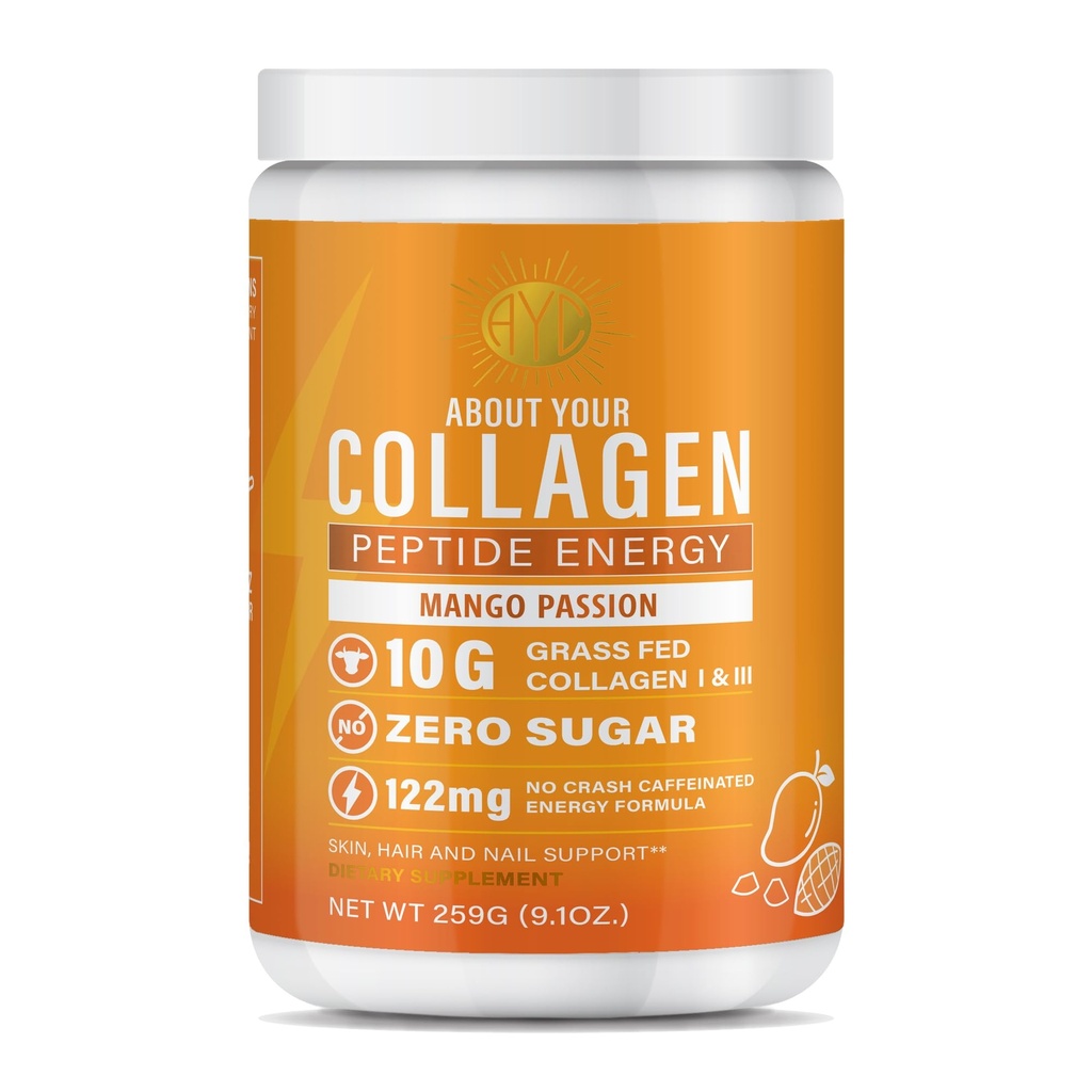 Peptide Energy Collagen Powder Hiukset, kynsi, iho, tyyppi I & III, kofeiini energia, C-vitamiini, biotiini, hyaluronihappo, nollasokeria 8,92 oz (mango intohimo)