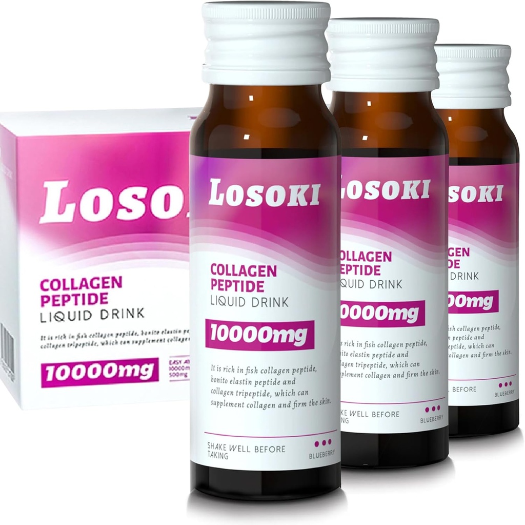 Losoki Liquid Collagen Peptide Drink - 10000 mg Hydrolyzed Marine Collagen Peptides kanssa C-vitamiinia, Premium Blend, edistää terveet hiukset ihon kynnet nivelet luut, (1 laatikko, 10 pulloa)