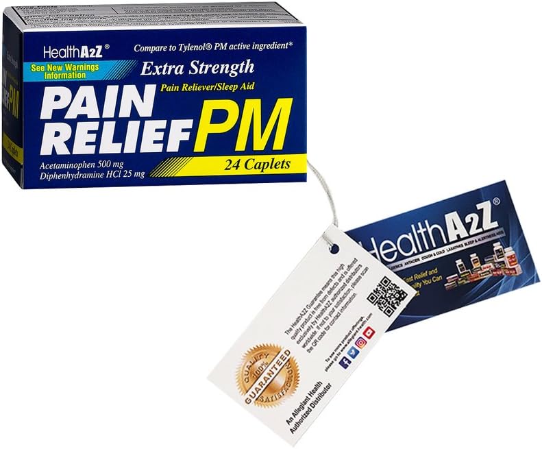 Health A2Z, Extra Strength Kivunlievitys PM,24 tablettia, comparte to Tylenol PM Aktiivinen ainesosa