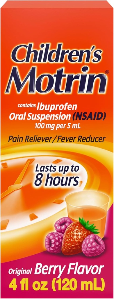 Lasten Motrin Oral Suspension -lääke, 100 mg ibuprofeenia, lasten kuumeen reduktoria ja kivunlievitystä pienillä särkyillä ja kipuilla kylmän ja flunssan, alkoholittoman, marjamakuisen, 4 fl. oz