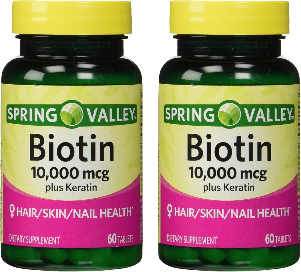 Spring Valley 10000mcg Biotin med 100mg Keratin Dietary Supplement, 60 Count (Pack of 2)