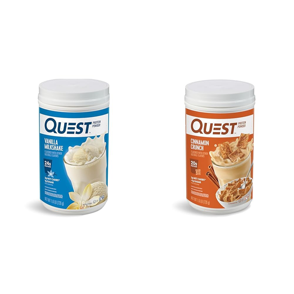 Quest Nutrition Vanilla Milkshake Protein Powder, 24 g proteiinia, 1 g sokeria, 1,6 punta, 23 tarjoiluja & Kaneli Crunch Protein Powder, 20g proteiinia, 2g Net Carb, 1g sokeria, Low Carb