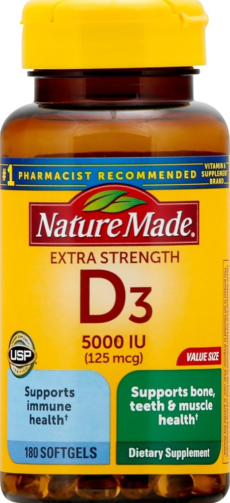 Extra styrka vitamin D3 5000 IE (125 mcg), 180 Softgels värdestorlek, hög styrka vitamin D hjälper till att stödja immunhälsa, starka ben och tänder och muskelfunktion