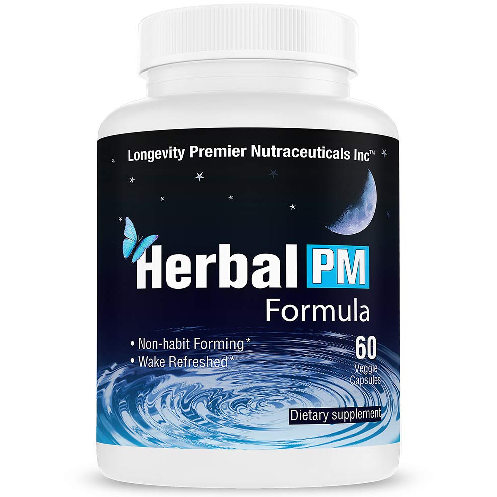 Pitkäikäisyys Herbal PM - Herbal Sleep Formula 5 htp, melatoniini, Valerian & GABA. 60 kasviskapselia