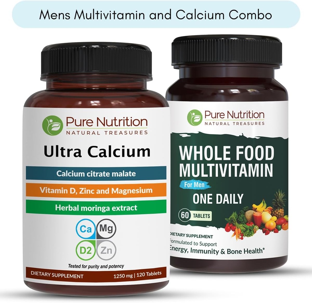 Pure Nutrition Ultra Calcium 1000mg och Whole Foods Mens Multivitamins 1500mg för hälsosamma ben, gemensamma och övergripande Wellness. Ultra Calcium 90 flikar + mens multivitaminer 60 flikar.