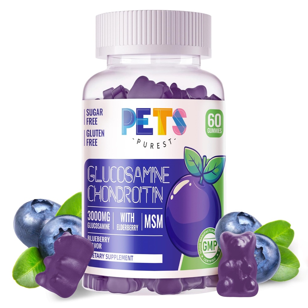 Husdjur Purest Glukosamin Chondroitin Gummies med MSM & Elderberry Extra Strength - Gemensamt stöd, Antioxidant Immune Support Supplement för vuxna, Män & Kvinnor.60 Blueberry Gummies