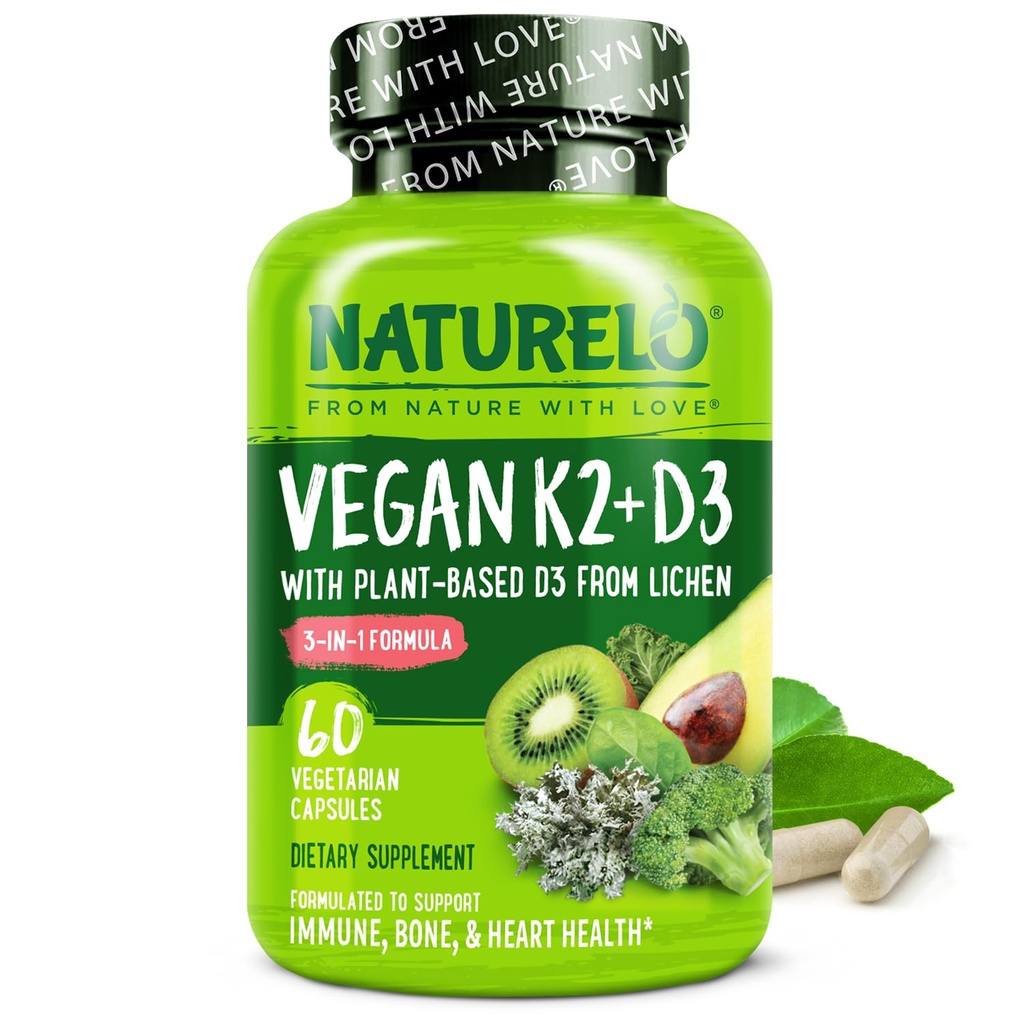NATURALO D3 K2 - Vegaani kasvipohjainen D3 peräisin Lichen - Natural Supplement for Immunomy System, Bone Support, Heart Health - Koko ruoka - ei-GMO - Gluteeniton, 60 kapselia