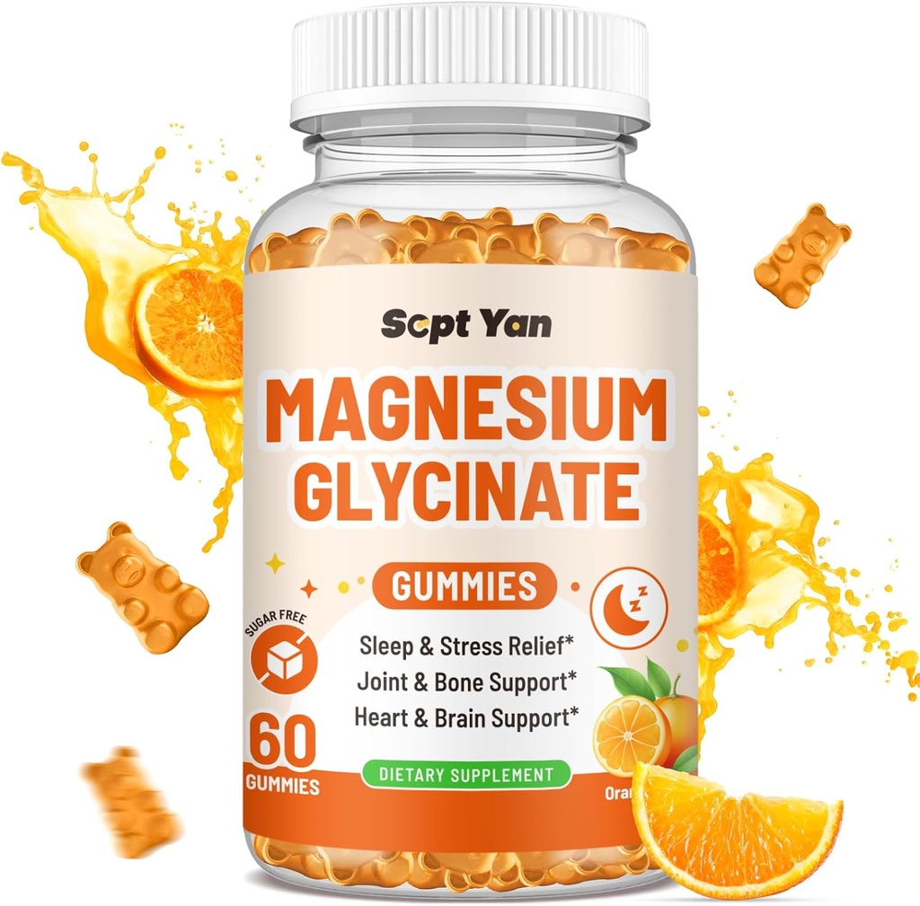 Magnesium Gummies för vuxna - Magnesium Glycinate Supplement med vitamin B6, L-theanin, Vitamin D, CoQ10 - Magnesium Comlex Gummies för humör, ben och muskler, Sugar Free Orange Flavor 60 ct