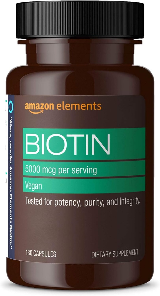 Elementit Vegan Biotin 5000 mikrog - hiukset, iho, kynnet, 130 kapselia (4 kuukauden tarjonta) (pakkaus voi vaihdella)