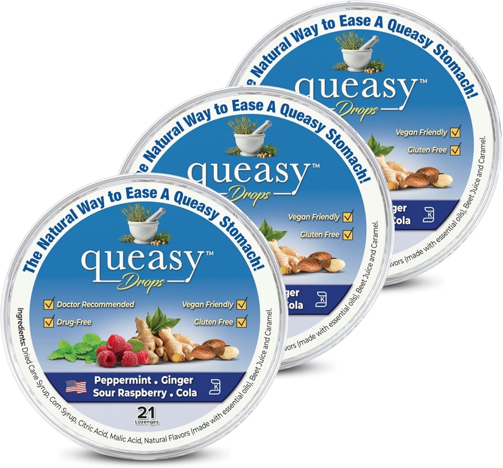 Tre Lollies Queasy Drops - Relief från Nausea & Travel Sickness - Relieves a Dry Mouth & Settles The Stomach - Natural Ingredients - 4 Flavors - 21ct (Pack of 3)