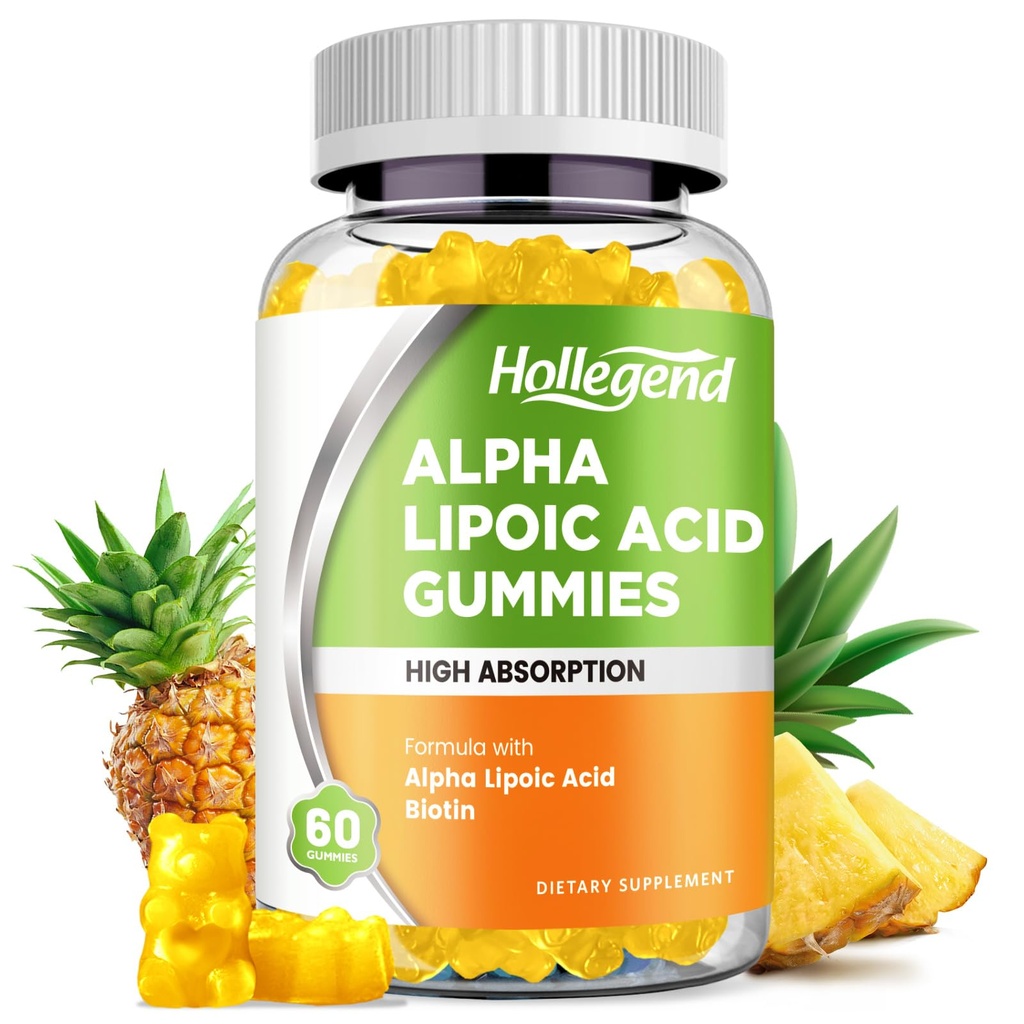 Alpha Lipoic Acid Gummies 1000Mg med Biotin, High Absorption Chewable ALA Supplement för antioxidant, hjärnhälsa och nervstöd, ananas smak, sockerfri, 60 Chews